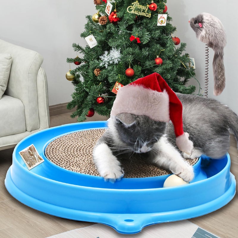 AUOON Cat Scratcher Toy - Cat Scratch Pad with Cat Toy Ball Track and Plush Mouse Toy for Indoor Cats and Kittens (Blue) - Image 1